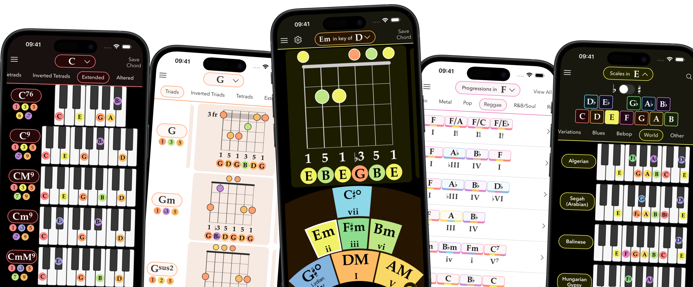Chord Colors on iPhone showing chords, guitar voicings, progressions, and scales